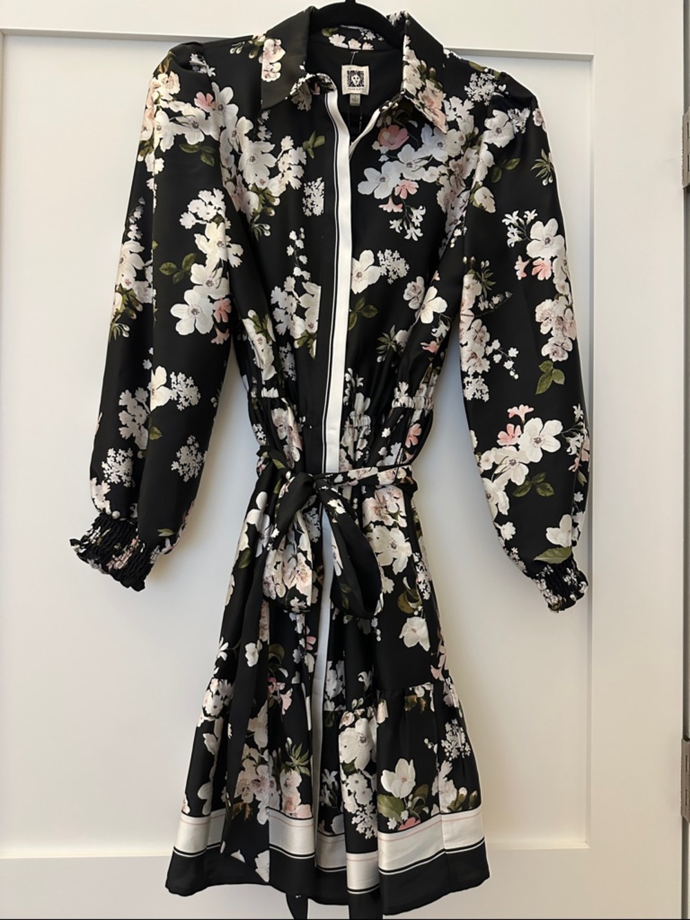 Anne Klein Black Floral Tie-Waist Dress